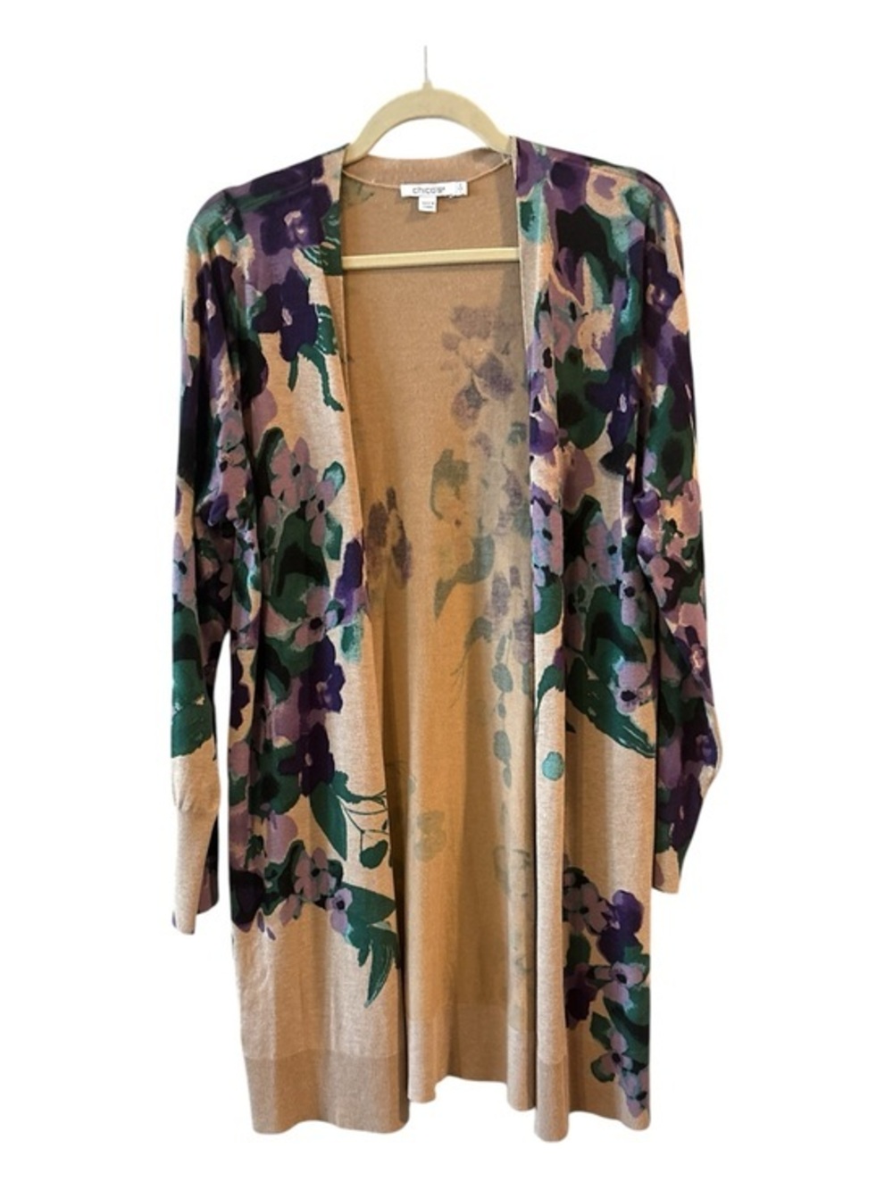Chico’s Floral Open Front Cardigan – Beige Purple Watercolor Duster Size Large